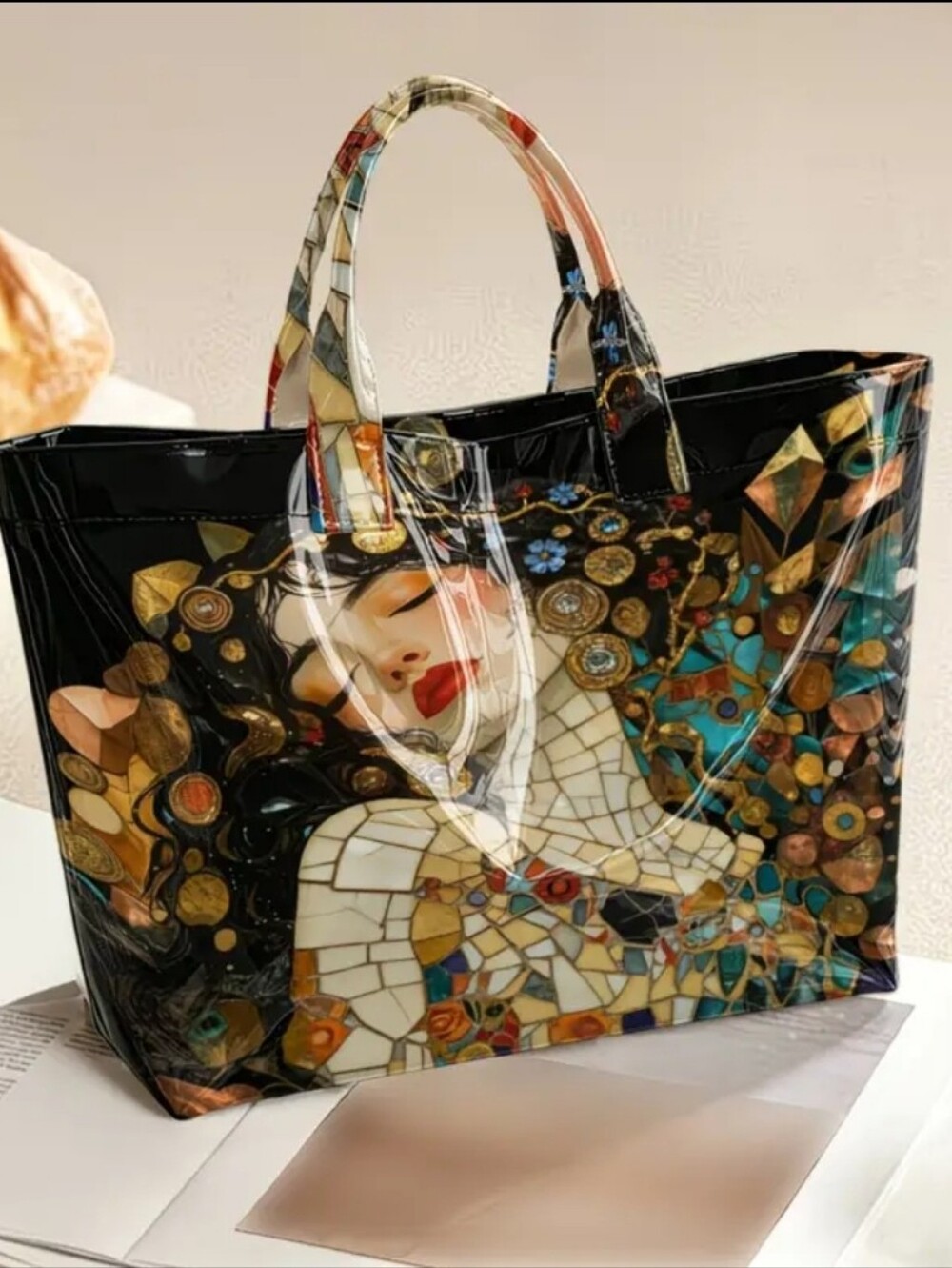 Beautiful Mosaic Artsy Style Female Portriat Pictire Jand Tote Bag - Picture 5 of 11